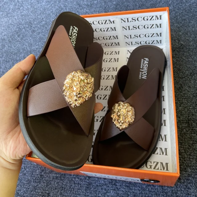 size38-48 original shoes brand summer leather slides for man black brown fashion shoes for mens slippers business beach slippers 2