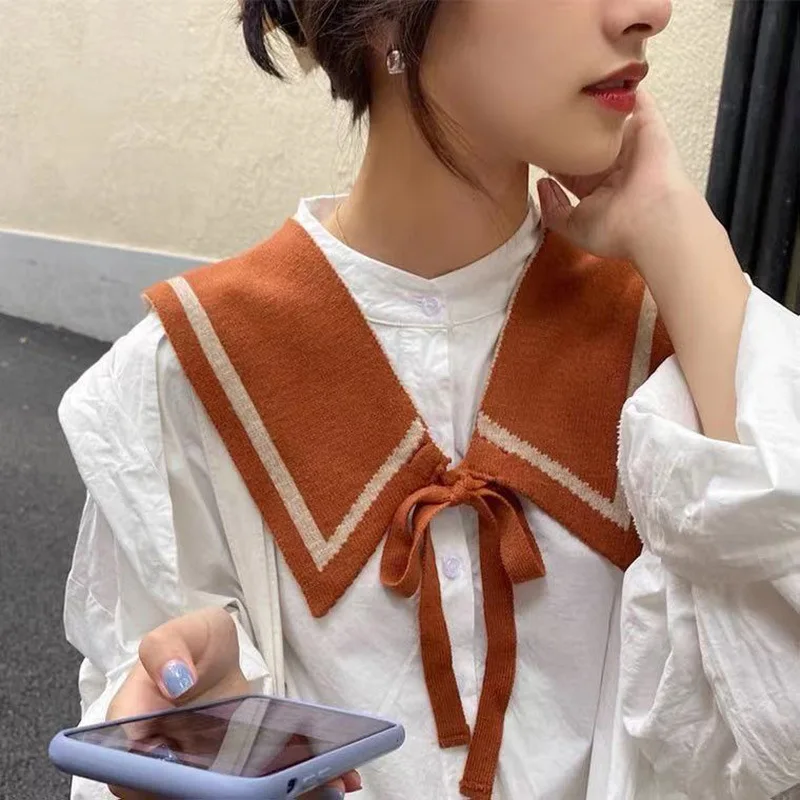 Korean College Atyle Atripes Women Winter Blouse Shoulders Cape Knotted Scarf Neck Guard Fake Collar Scarve Warm Knitted Shawl