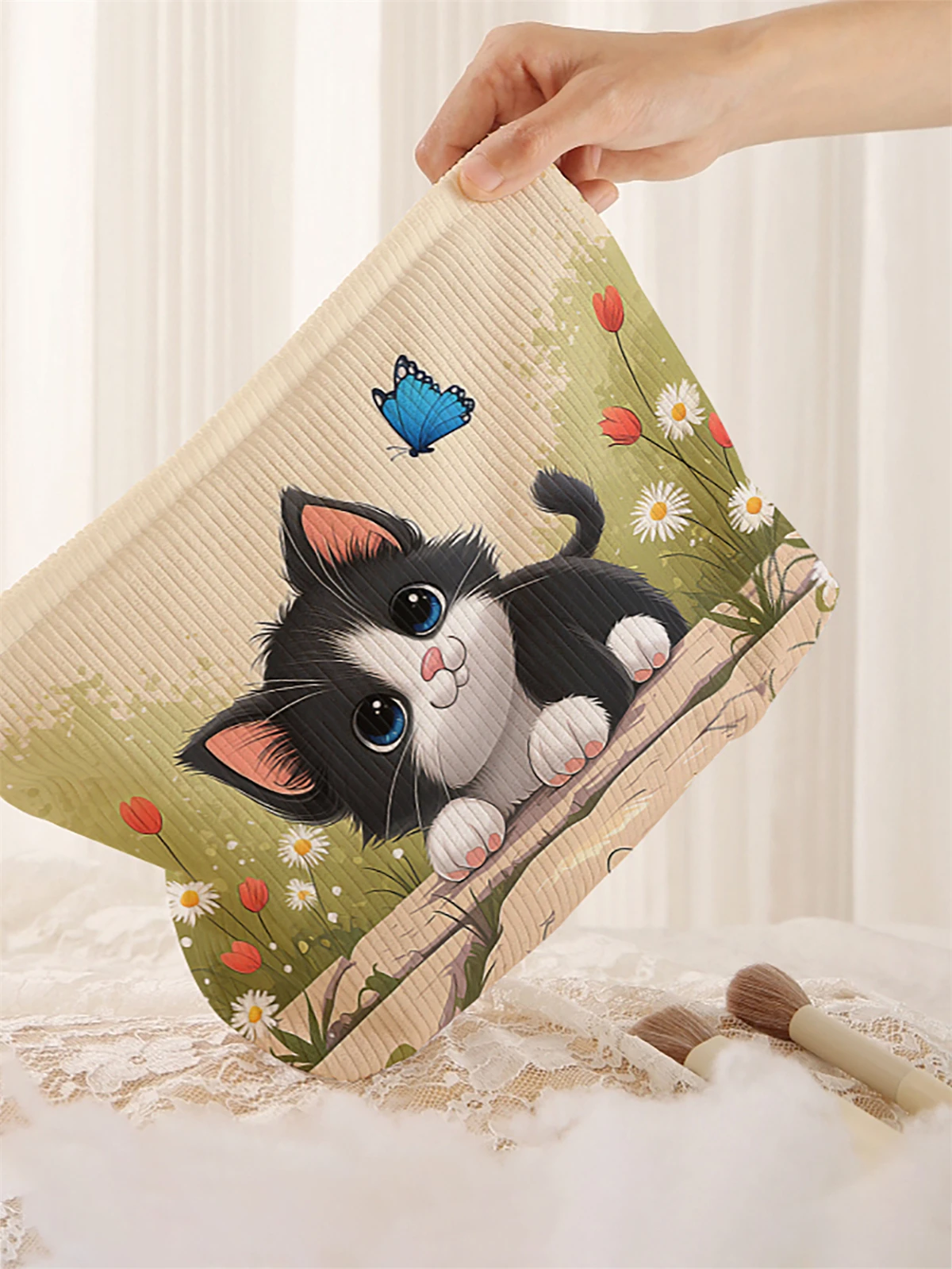 1 cat patterned corduroy makeup bag, lightweight zipper makeup storage box, multifunctional bag with lining
