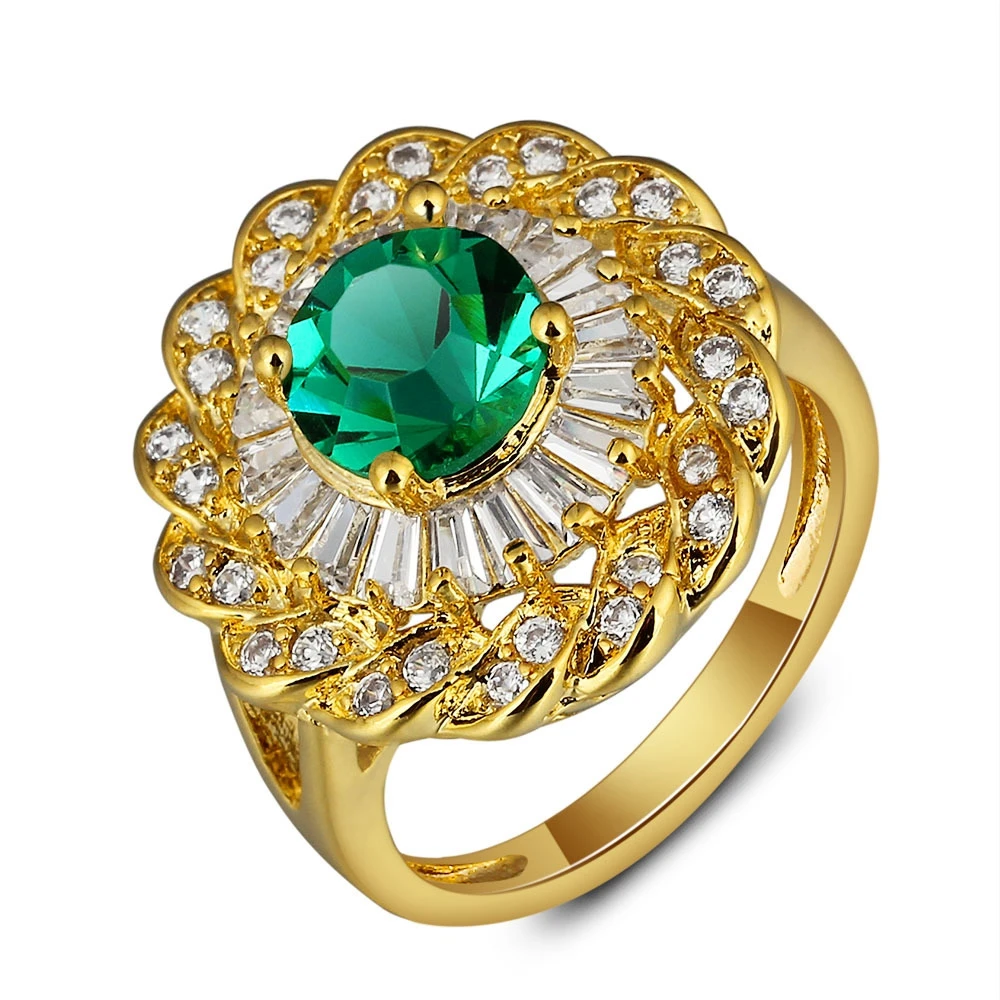 

Round Cut Green Crystal Women Ring Wedding Finger Band 18k Yellow Gold Filled Brillant Engagement Bride Jewelry Gift Size 7