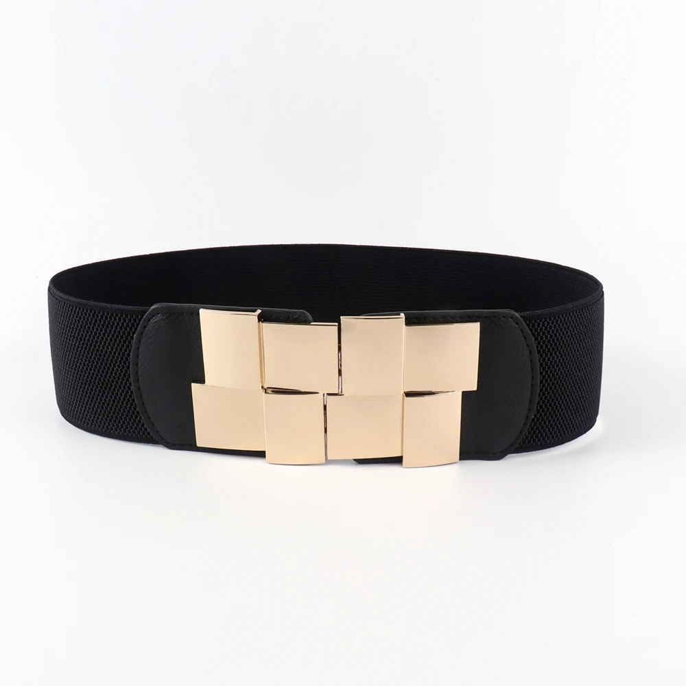 

Fashion ladies elastic wide belt metal block buckle waist simple black waist leather belt belt women cinturón para mujer