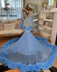 Silver Beaded Diamonds Blue Evening Dresses One Sleeve Feathers Glitter Crystals Long Prom Dress Mermaid Birthday Party Gowns