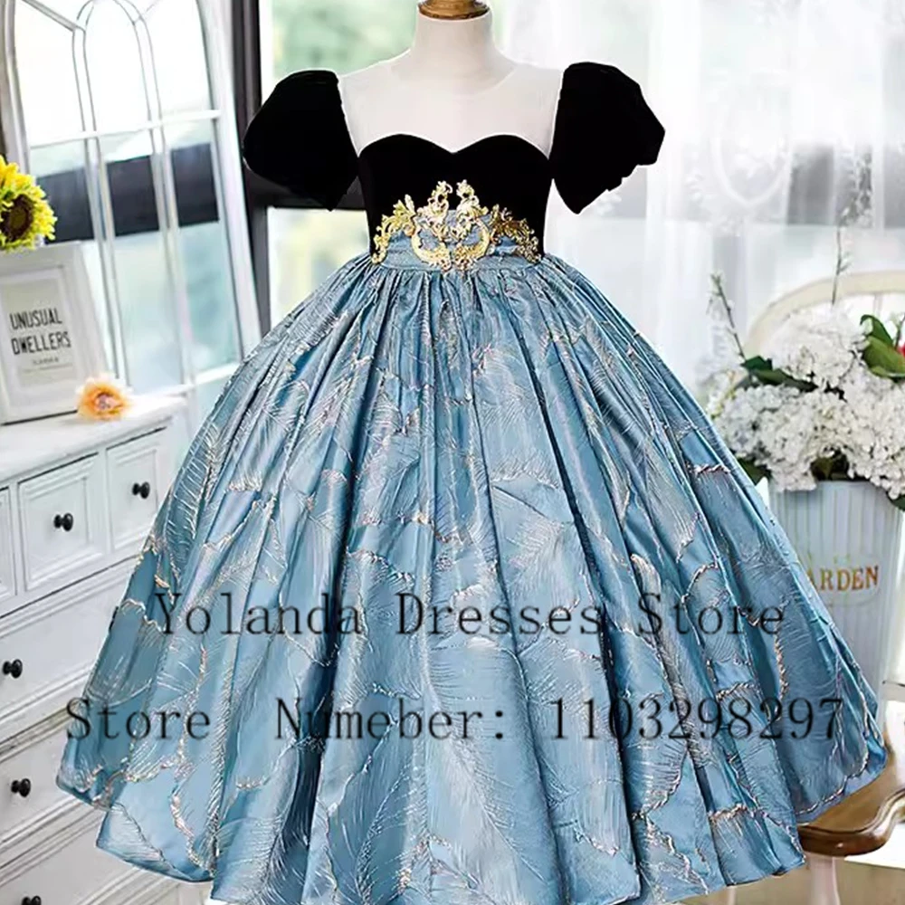 

Blue Exquisite Flower Girl Dress Princess Retro First Communion Gown High Quality Puffy Short Sleeves Floor Length Prom Dresses