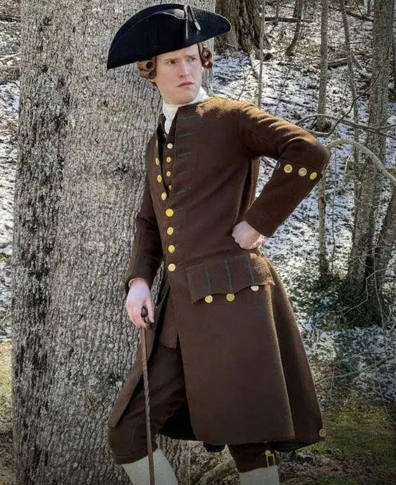 

18th Century Gentleman's Dark Brown Woolen Military Uniform Men's Frock Coat Vest With Pants Full Set Custom Made
