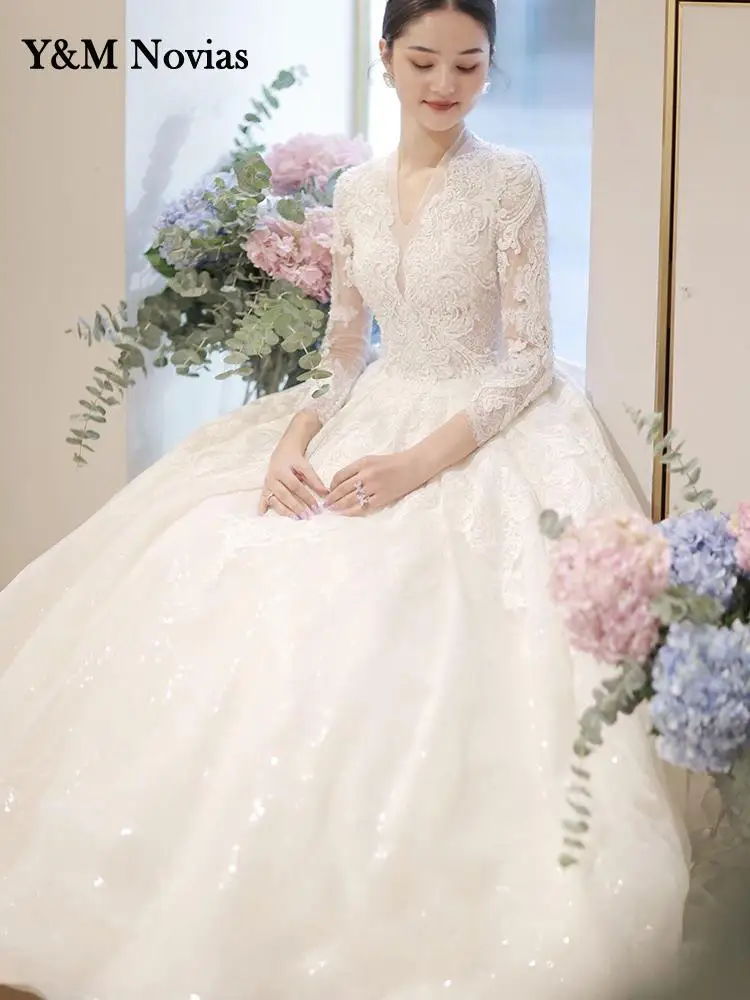 

Gorgeous Appliques Court Train V-neck Full Sleeve Wedding Dresses 2023 Luxury Embroidery Bridal Gown Vestido De Noiva Plus Size