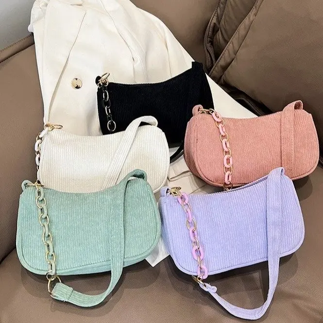 Corduroy Shoulder Bag Fashion Vintage Handbags Women Autumn Winter Corduroy Underarm Bag Zipper Shoulder Small Bags Female Soft Casual Clutch Handbag