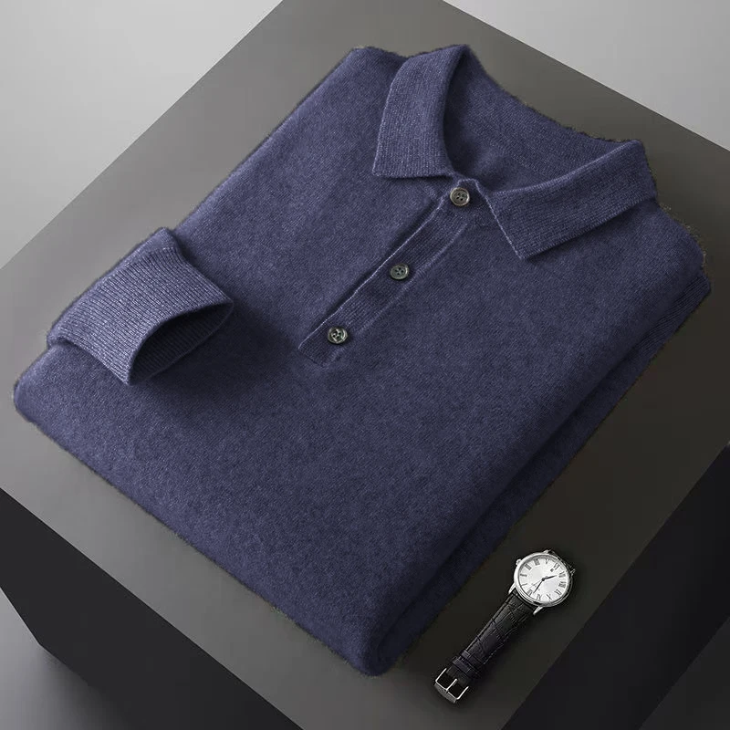 Mens Button Pullover Sweater Lapel Slim Fit Pullover Knit HeavyWeight Polo Sweaters Winter Outdoor Warm Solid Color Streetwear