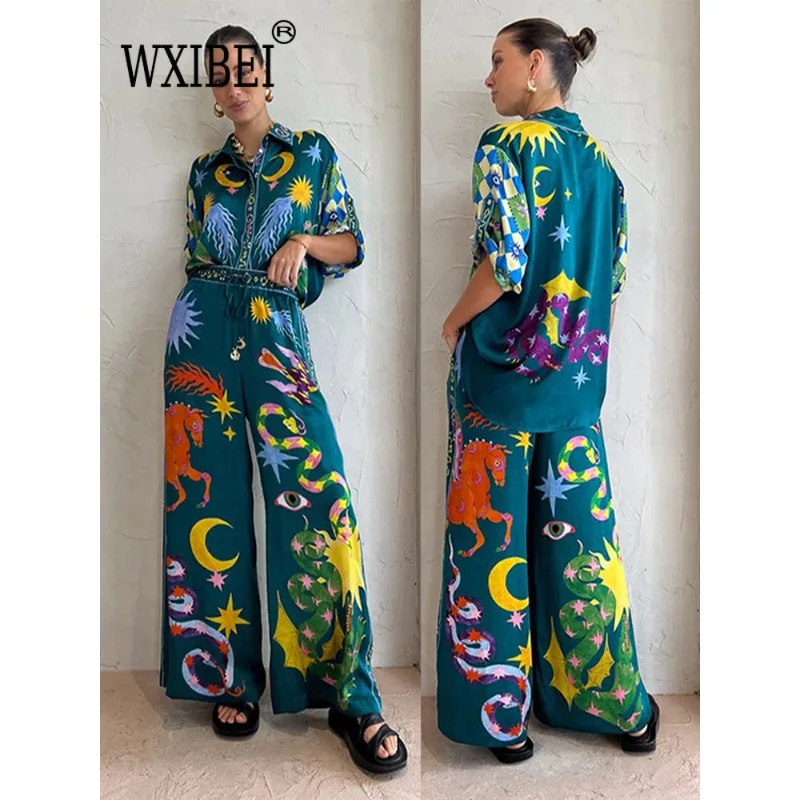 

WXIBEI Women's Print Loose Pants Set Casual Single Breasted Lapel Collar Short Sleeves T-shirts Lace Up Wide Leg Trousers FC792