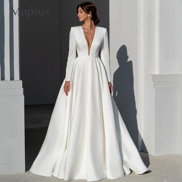 Pearls Elegant A Line Wedding Dress Long Sleeves Sheer Neck Bridal Gowns  Custom Made Back Button V Neck Vestido de novia - AliExpress