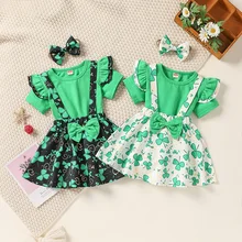 

Summer Toddler Girls Outfit Clothes Green Short Sleeve Ruffle T-shirt Clover Print Suspender Skirt Headband Baby's Sets