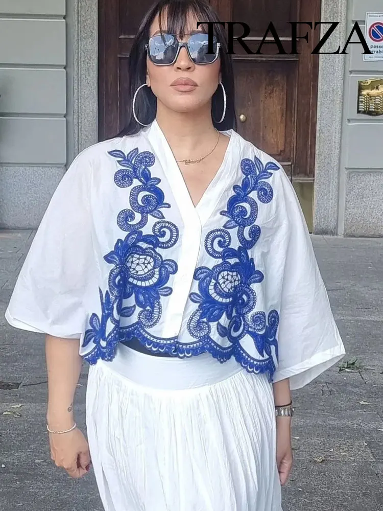TRAFZA Women's 2-piece Set Of Blue Embroidered Single-breasted Loose Shirt + Chic High-waisted Loose Pleated Street Skirt Suit