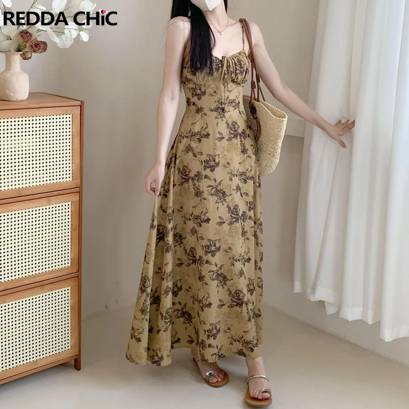 

REDDACHiC Flowy Floral Women Maxi Long Dress Elegant Sleeveless Drawstring Cupped One-piece Autumn Aesthetic Vintage Clothes