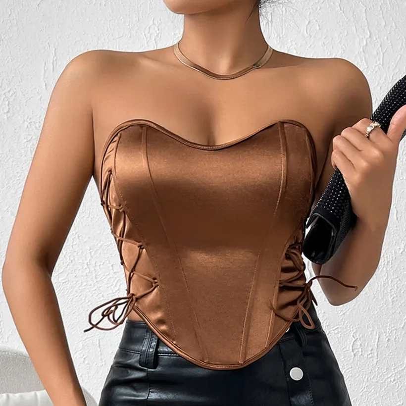 

Sleeveless Off Shoulder Sexy Spicy Girl Lace Up Open Umbilical Top Tank Top Female Fishbone Waist Small Tank Top Solid Color Top