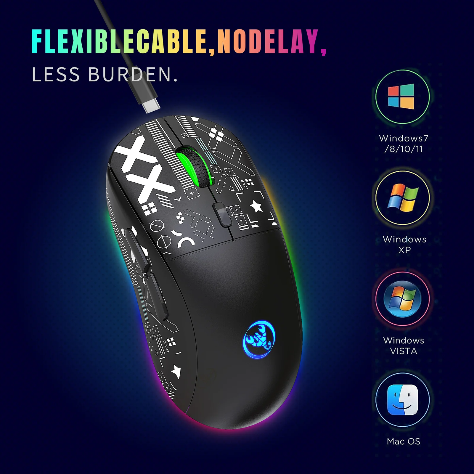 HXSJ 키보드 마우스 콤보 유선 K68 RGB 스트리머 멤브레인 키보드, 2.4G 무선 RGB 게이밍 마우스, 3600DPI 11 RGB 조명 모드