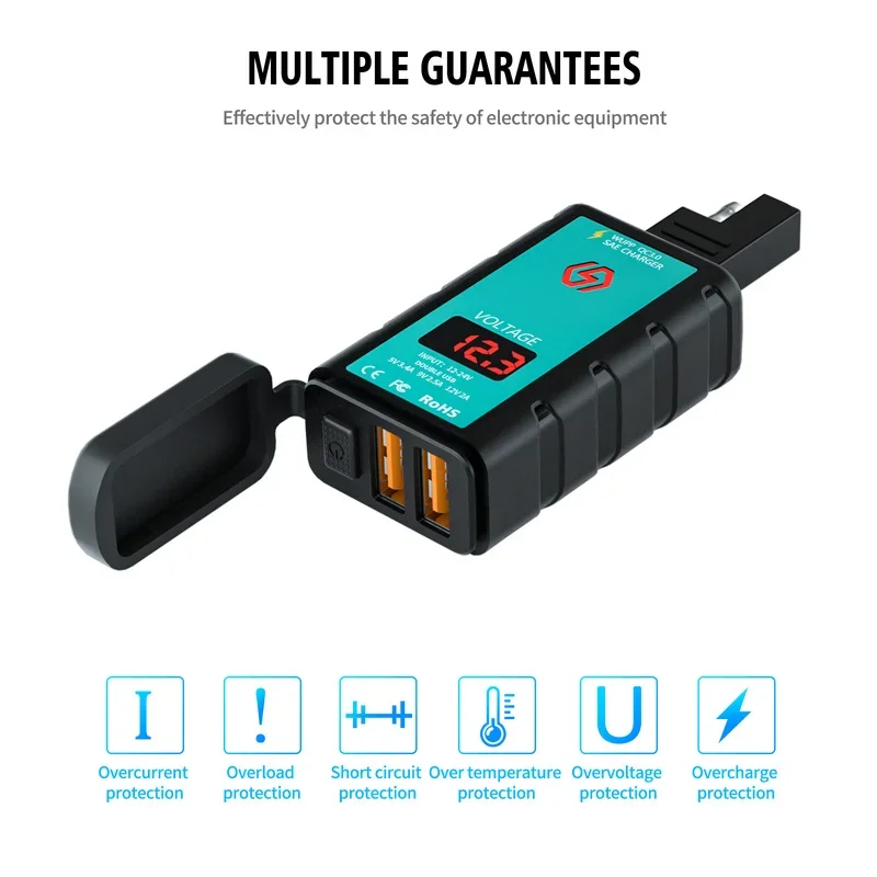 오토바이 고속 충전 듀얼 USB 포트 휴대폰 충전기, SAE to USB C타입 어댑터, 전압계 ON/OFF 방수 분리 플러그, 3.4A