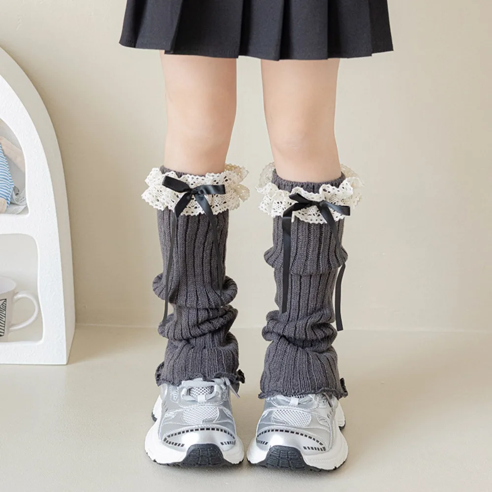 Fashion Harajuku Bow Ribbon Leg Warmers Long Stockings Sweet Lolita Knitted Socks Solid Color Kawaii Knitted Foot Cover Autumn