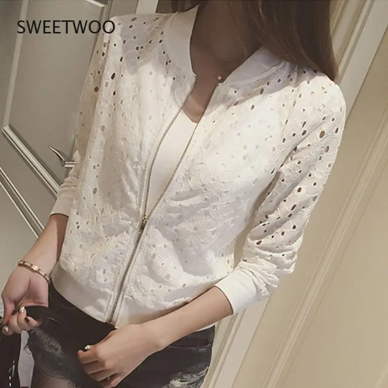 Women Coat Jacket Fashion Bomber Baseball Long Sleeve Lace Sunscreen Shirt Short Summer Thin Coat Casual