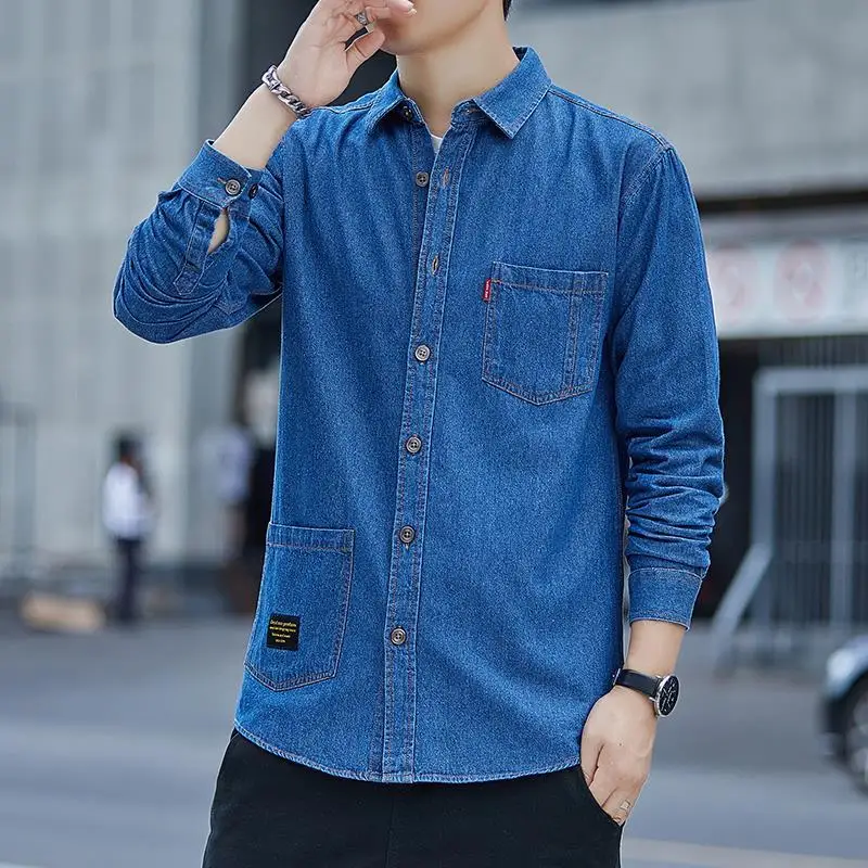 Korean Style Loose Men's Cotton Denim Shirt 2023 Spring Autumn Casual All-match Long-sleeved Thin Jean Jacket Classic Brand Tops