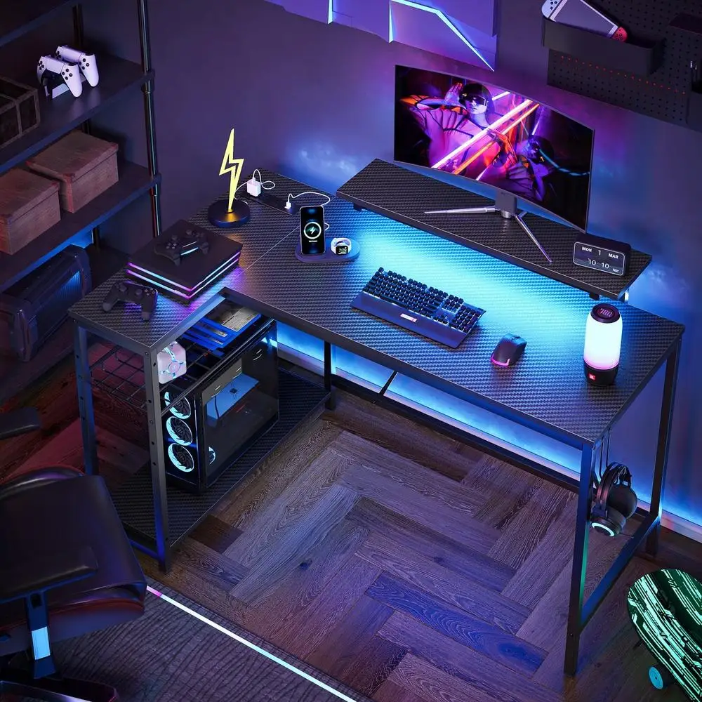 48 Inch L Shaped Gaming Desk with LED Lights Power Outlets Monitor Stand Reversible Shelves Adjustable Height Durable Carbon 2