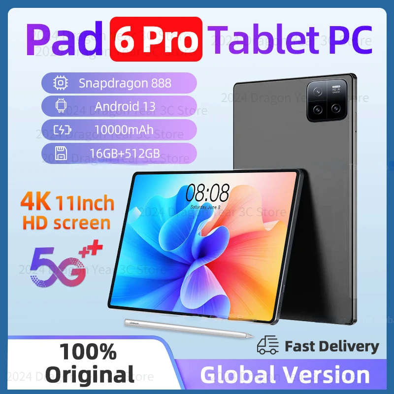 

2024 Original Pad 6 Pro Snapdragon 888 Global Version Android 13 11 inch Mi Tablet PC 10000mAh 16GB 1024GB 5G HD 4K Screen WIFI