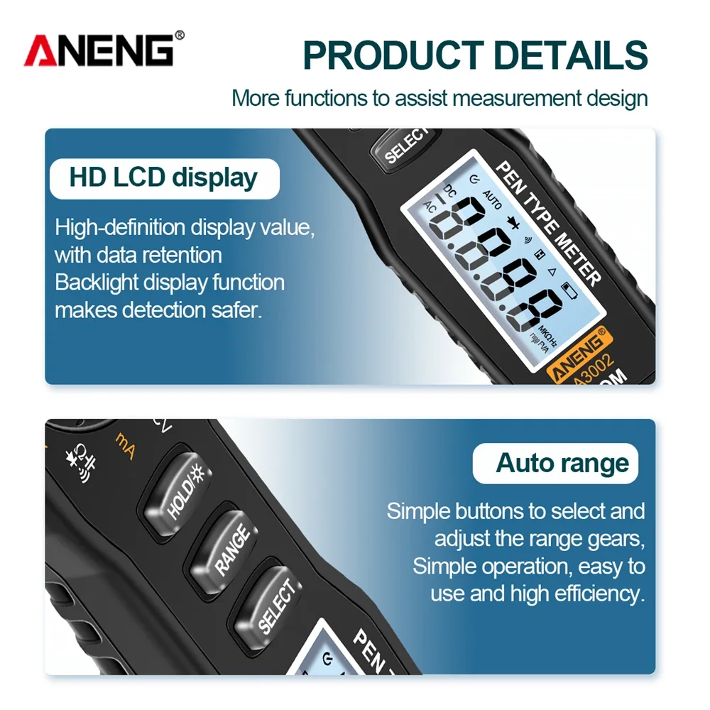 ANENG A3002 Digital Multimeter Pen Type 4000 Counts AC/DC Voltage Resistance Diode Continuity Non Contact Tester Tool thc pen digital multimeter multimeter tester