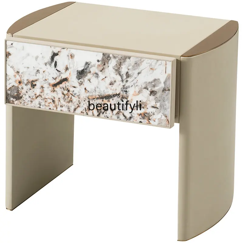

Italian Light Luxury Stone Plate Bedside Table Modern Minimalist Bedroom Designer Square Bedside Cabinet