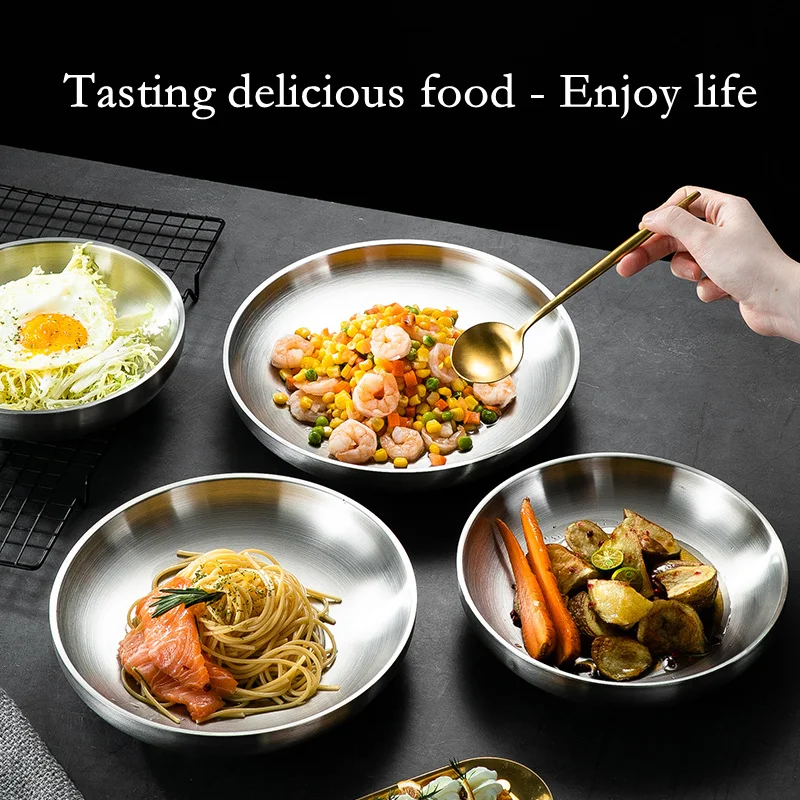 304 Stainless Steel Double Layer Dishes Tray Anti-Scalding Steak Plate Tableware Pan Fruit Dishes Household