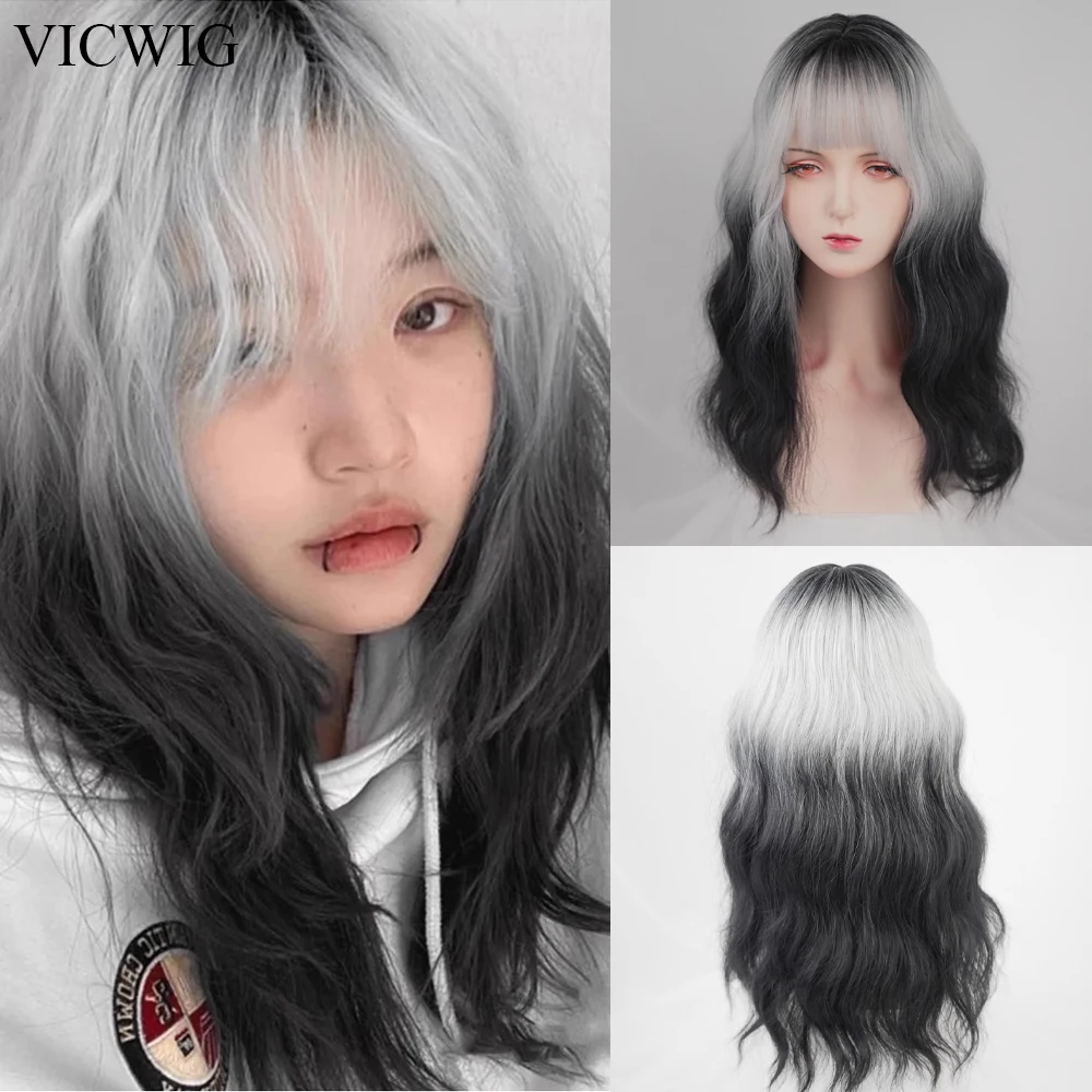 

VICWIG Black White Mixed Wavy Curly Wigs with Bangs Synthetic Long Women Lolita Cosplay Hair Wig for Daily Party