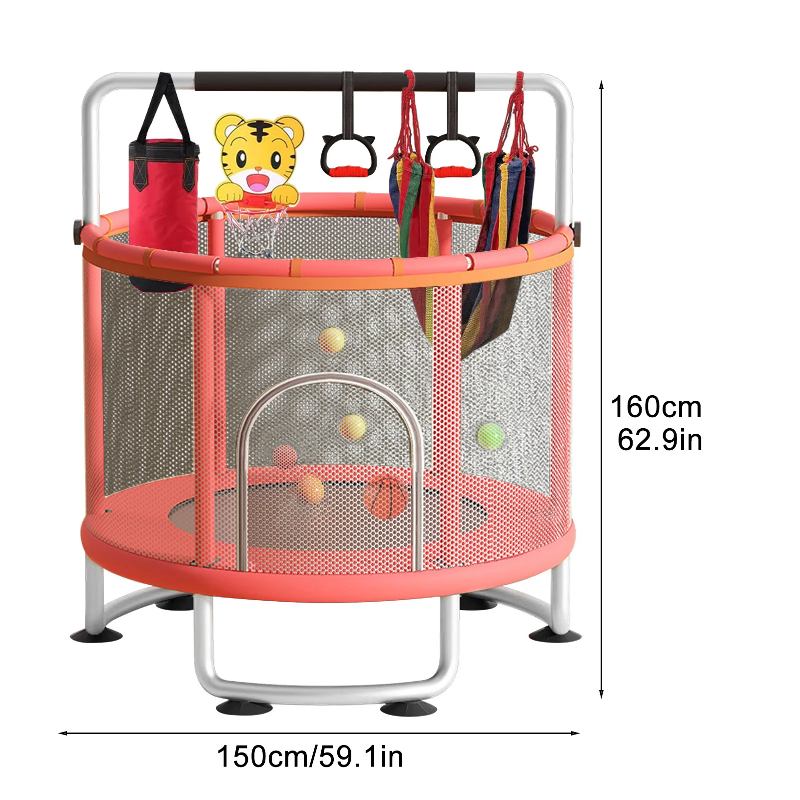 Kids Trampoline Adjustable Baby Toddler Trampoline with Basketball Hoop, Swing, Sandbag, Ocean Balls, Enclosure Net 6