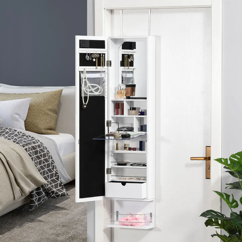 HOMCOM Espejo Joyero Colgante de Pared o Puerta Armario de Joyería con 18  Luces LED Altura Ajustable y Estante Abierto Organizador de Joyas  31,7x13,4x130 cm Blanco - AliExpress, image size:960x960