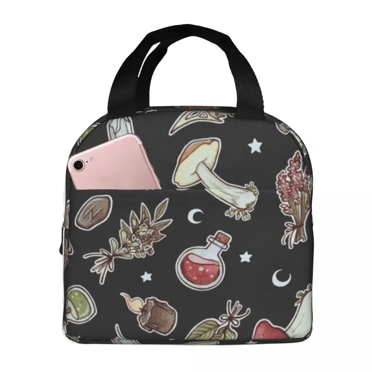 

Lunch Bags for Women Kids Witchy Pattern Dark Mushroom Thermal Cooler Portable School Psychedelic Oxford Tote Food Bag