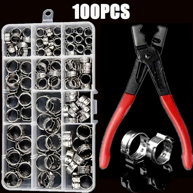 

100pcs Stainless Steel Single Ear Hoop Stepless Hose Clamps with Clamp Rings Crimp Pinch Set Pliers Tool Wood Working Clamps