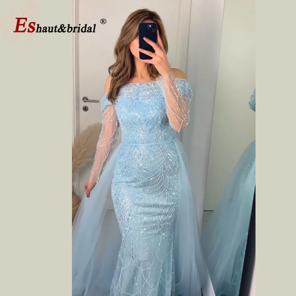S3d024a4cb5e44e5fa7a48ad3d4d3991d7 Elegant Sky Blue Mermaid Pearls Evening Dress for Women Long Sleeves with Detachable Train Formal Prom Wedding Party Gowns Mallzona