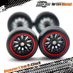 1/64 Scale Model Car Wheels with Rubber Tires - Refitting Parts Set (Black Red)