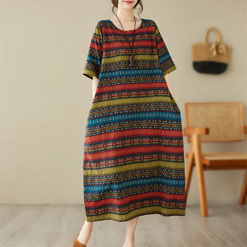 

2023 New Thin Light Soft Print Floral Striped Loose Summer Dress Prairie Chic Holiday Outdoor Travel Style Women Casual Dress