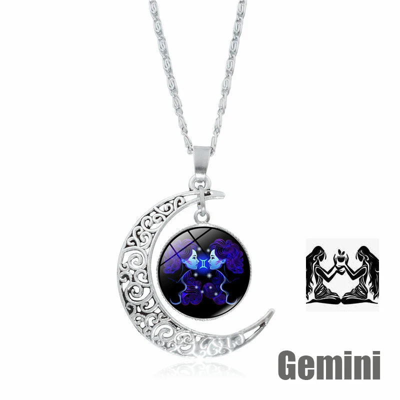 12 Constellation Necklace Zodiac Stainless Steel Cabochon Glass Crescent Moon Pendant Virgo Clavicle Necklace Libra Pisces Gift