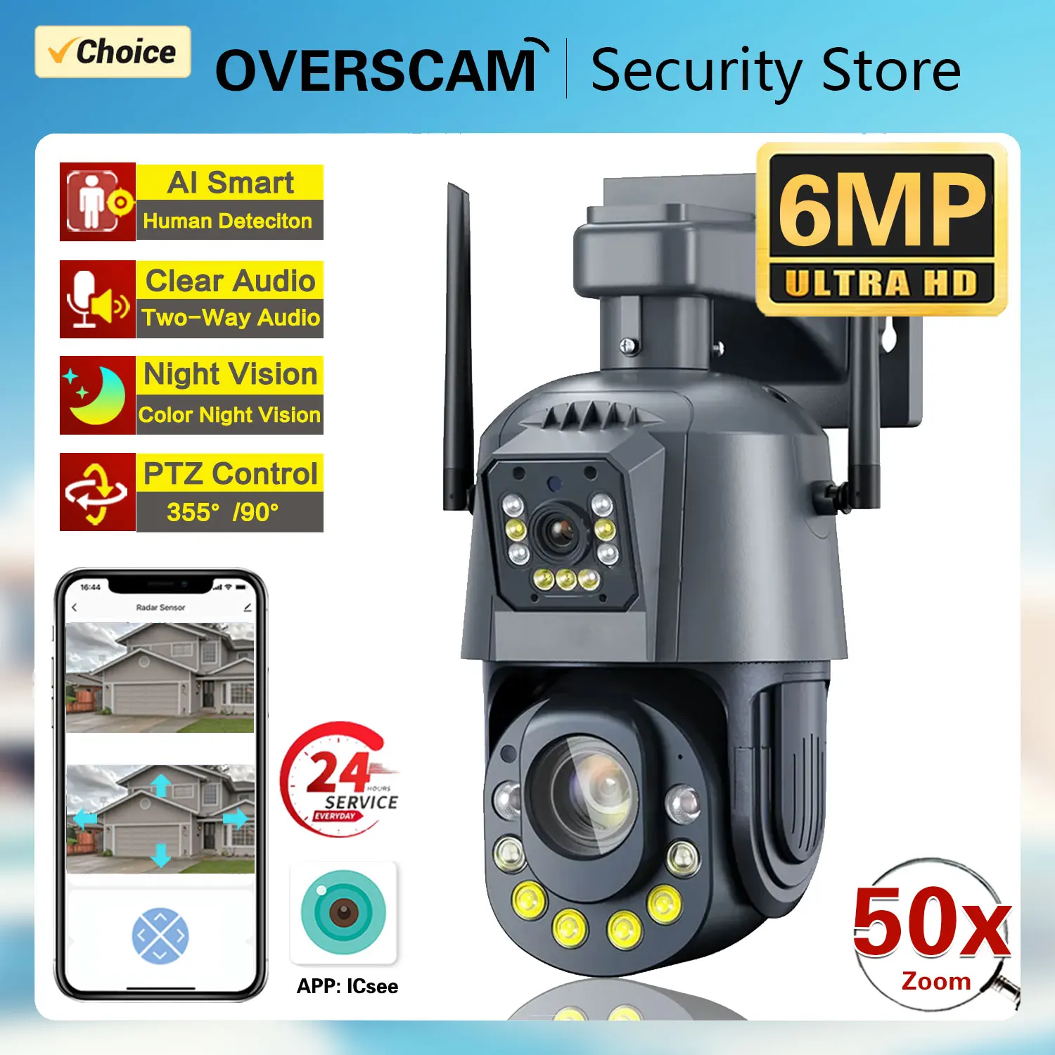 

6MP Wifi PTZ IP Camera Outdoor Dual Lens Dual Screen 50x 30X Zoom Human Detection Wireless CCTV Security Surveillance Camera 2K