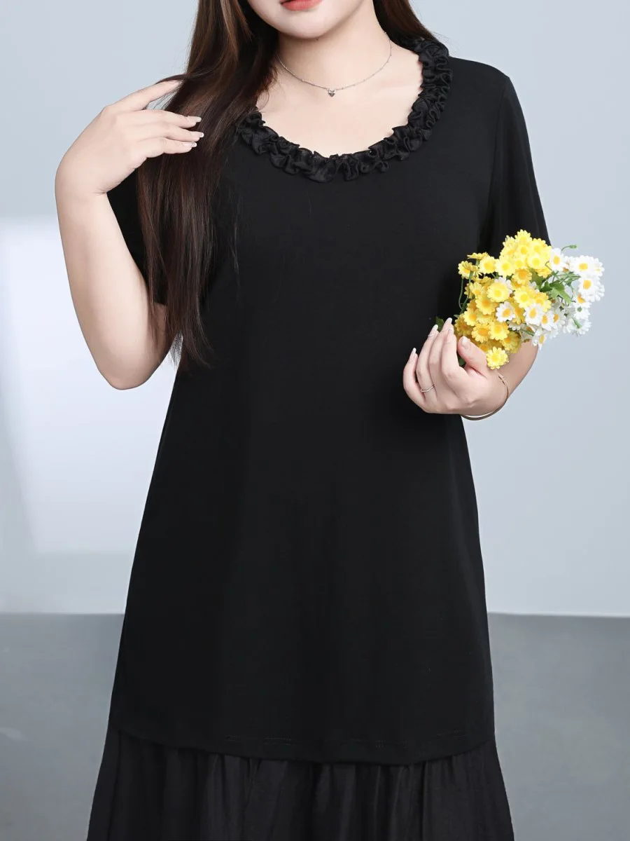 Plus Size Women Black Calf Length Dress With Premium Lyocell Hem Patchwork Cotton Loose Lace Round Neck For Summer