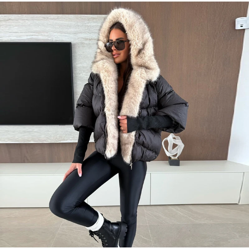 Oversized Faux Fur Hood Padded Jacket Women's Full Sleeve Zippers Loose Coats 2025 Autumn Winter Lady Thick Warm Outerwear