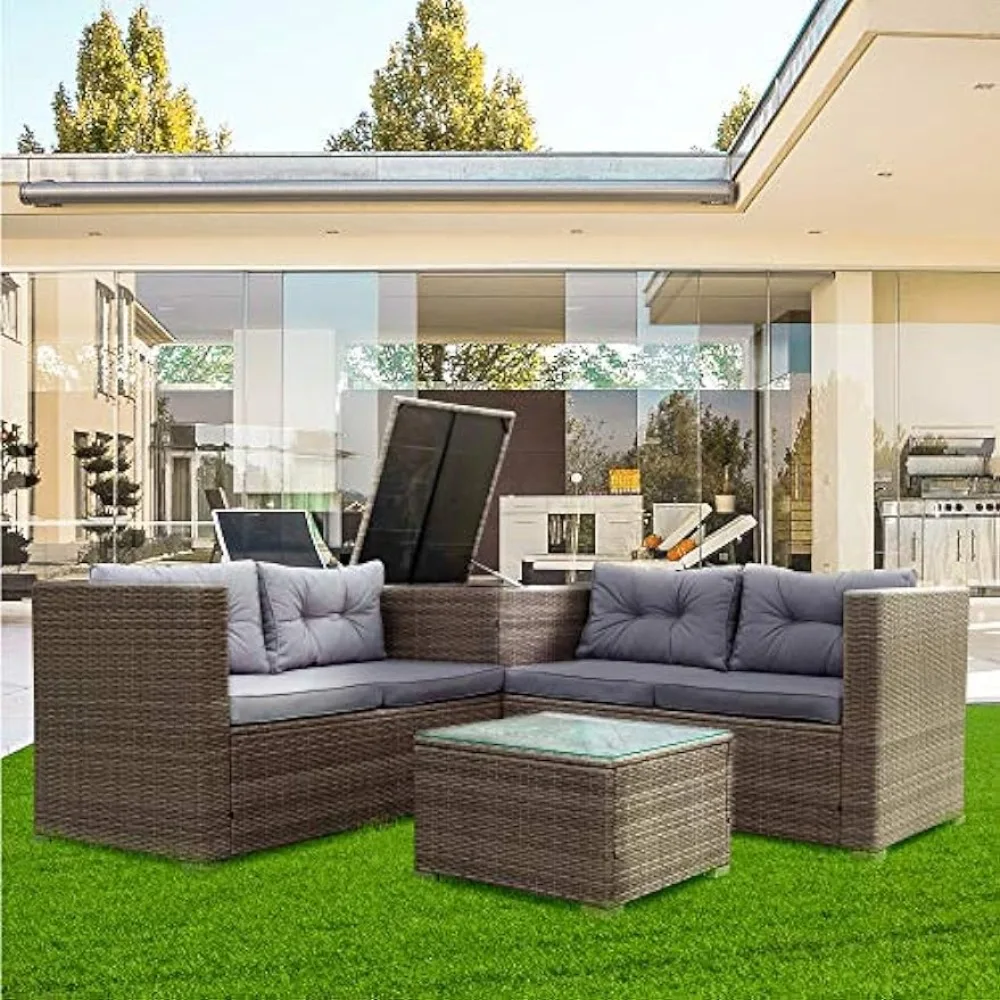 

4 Piece Outdoor Patio Furniture Set Wicker Rattan Sectional Conversation Sofa With Storage Box and Table for Garden Porch Deck