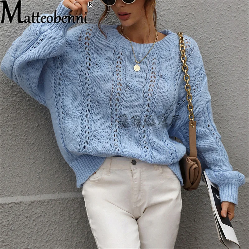

2022 Women's Sweater Autumn Winter New O-Neck Twisted Rope Solid Color Loose Casual Hollow Out Knitted Tops Pullover Sweaters