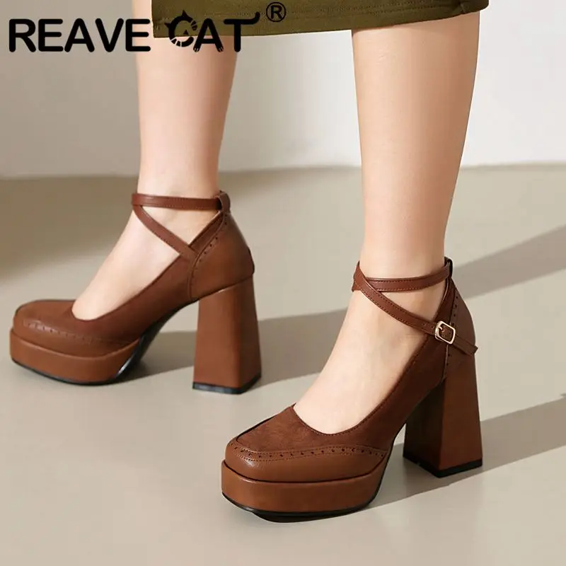 

REAVE CAT Vintage Women Pumps Square Toe Chunky High Heels 9.5cm Platform 2.5cm Crossover Buckle Strap Splice Big Size 41 42 43