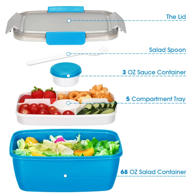 68-oz Salad Bento Box for Adults and Kids,Bento Lunch Box 68 oz Salad Bowl with 5-Compartment,Lunch Box Container with 1Pcs Salad Dressing Container