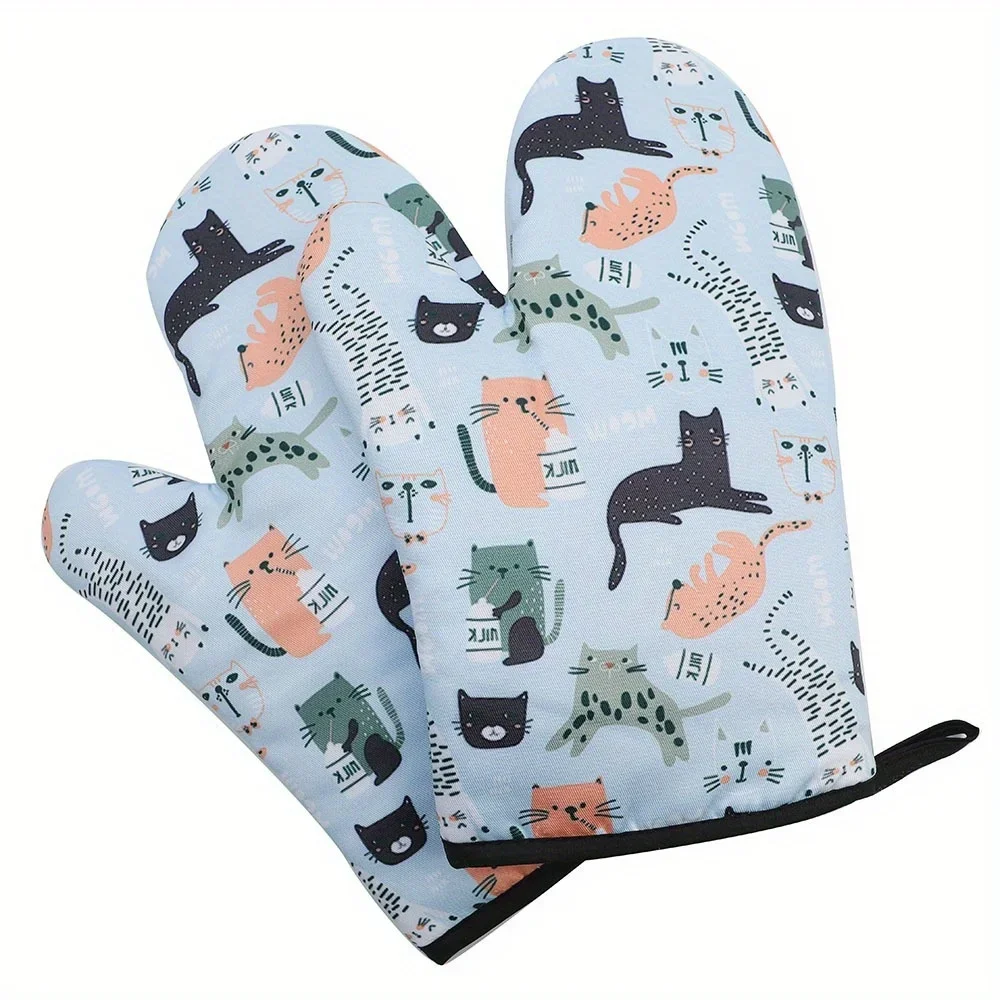 Whimsical Cat Pattern Heat-Resistant Cotton Oven Gloves