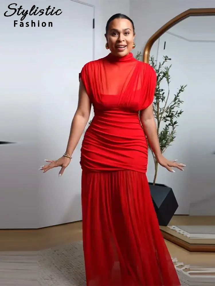 مثير الأحمر مطوي شبكة فستان طويل أحمر انظر من خلال...