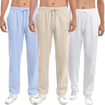 Spring Summer Long Pants for Men Cotton Linen Solid Color Lightweight Pants Casual Sweatpants Elastic Waist Basic Style Trousers