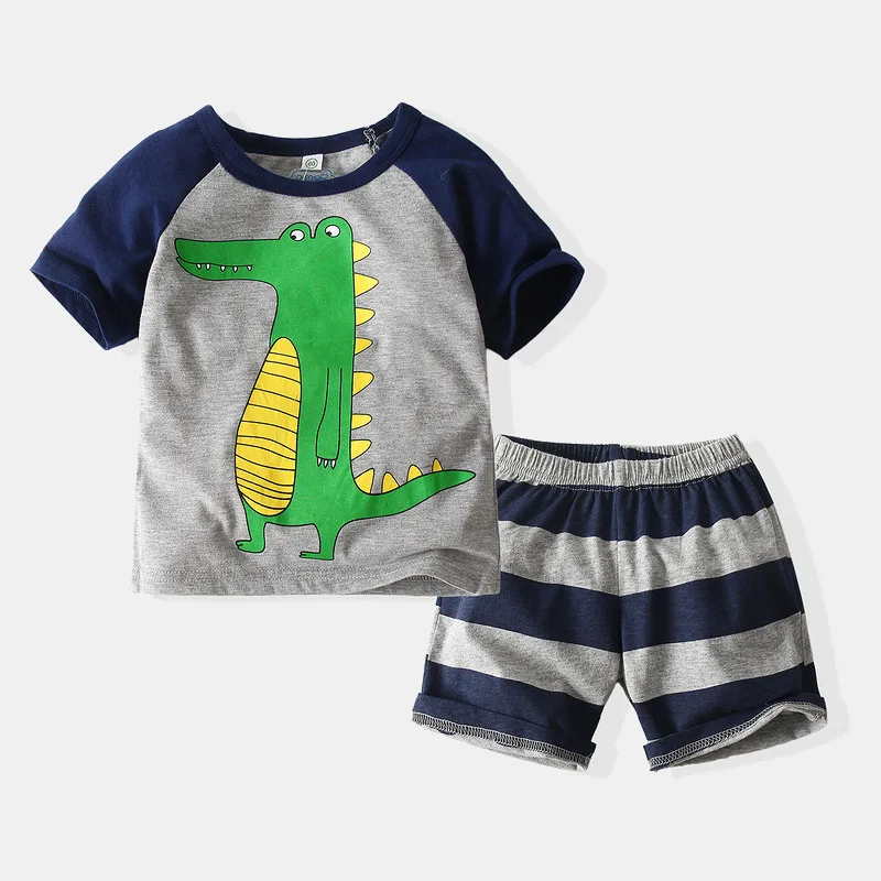 

Kids Boy fashion Print 2 Pcs/lot 1-7 Years Summer Children Shorts Sleeve Cartoon Animal Boy Suit Sets for Children's Clothing