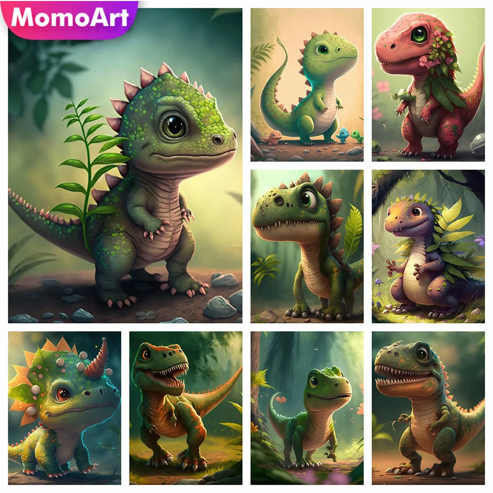 Momoart 5D DIY Diamond Mosaic Dinosaur Full Round Diamond Embroidery Dragon Animal Picture Rhinestones Painting Cartoon Wall Art