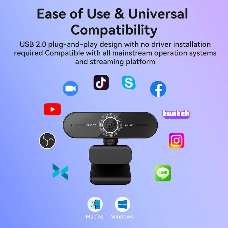 삼각대 스트리밍 웹 카메라가 장착된 4K 웹캠 EMEET USB 컴퓨터 카메라 자동 초점 PC 노트북용 마이크가 장착된 미니 USB 웹캠