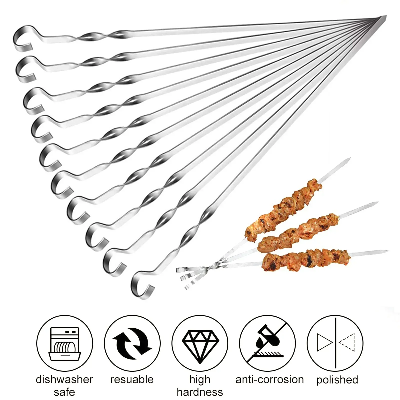 10 Pcs Stainless Steel Barbecue Skewer Reusable BBQ Skewers Kebab Iron Stick for Outdoor Camping Picnic Tools Cooking Tools